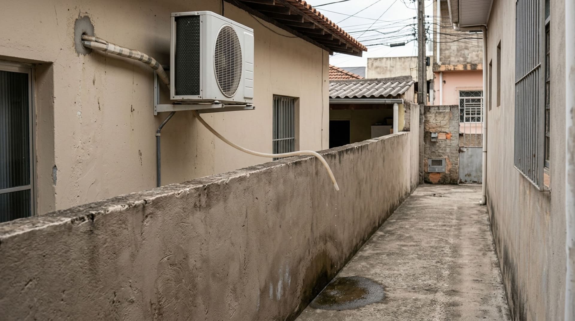 Morador instala ar-condicionado na parede da divisa e vizinha percebe que a água do dreno pinga durante horas sobre o corredor de sua casa