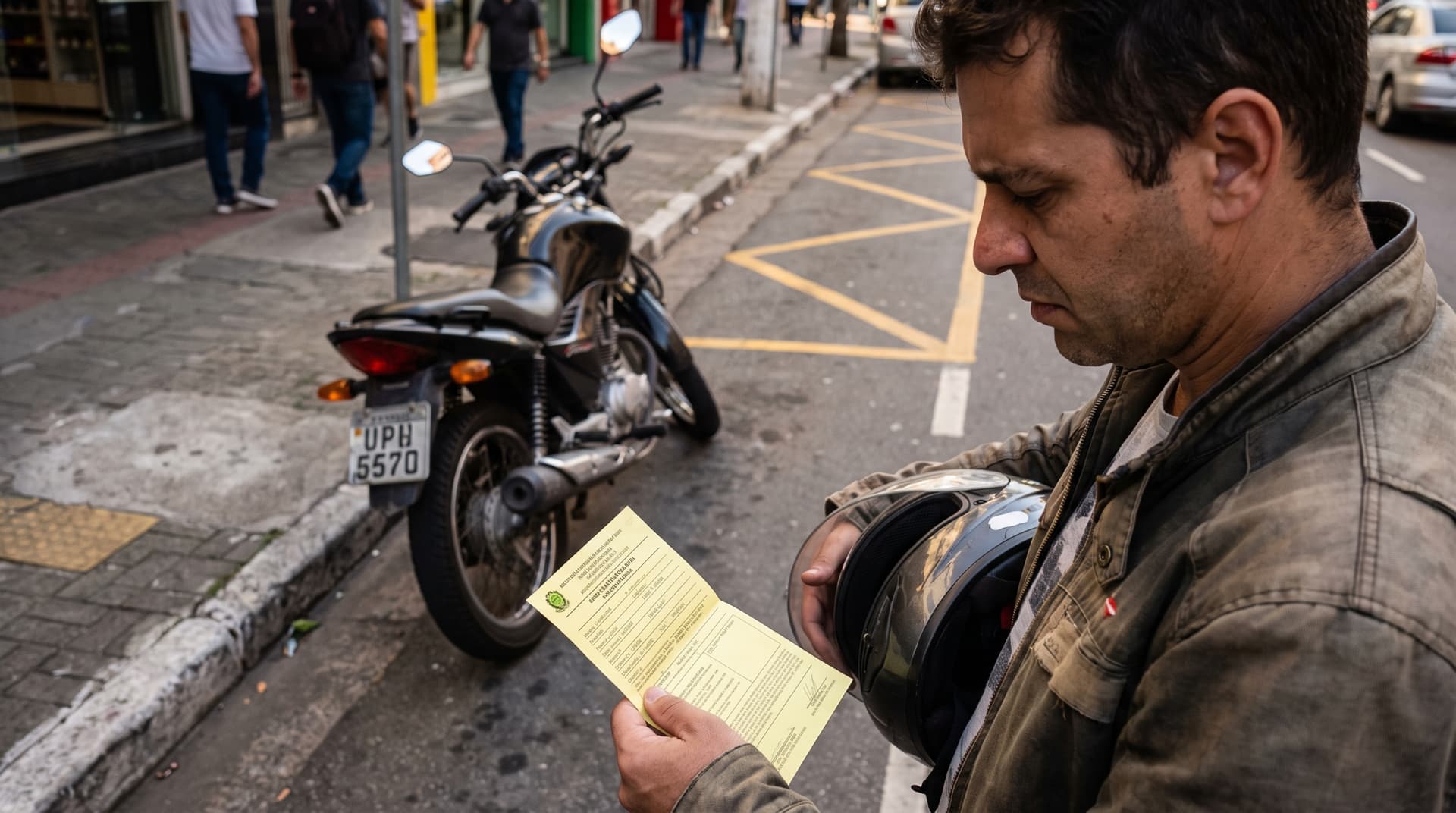 Motociclista estaciona a moto paralela ao meio-fio, do jeito que estacionaria um carro, e descobre que o CTB manda fazer exatamente o contrário