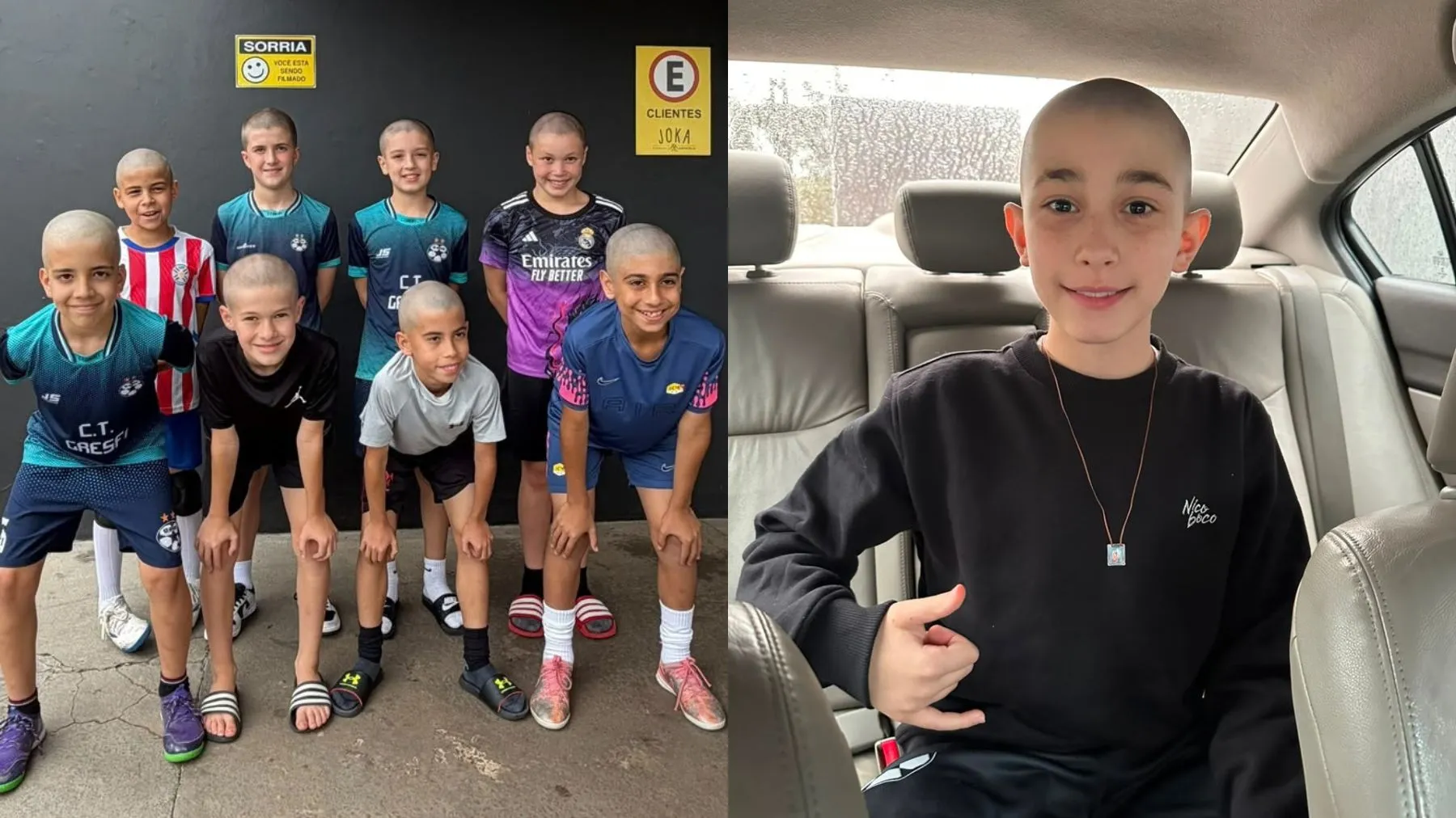 Colegas de time raspam a cabeça para apoiar menino de 10 anos com câncer e revelam surpresa por chamada de vídeo: ‘Nos deram muita força’