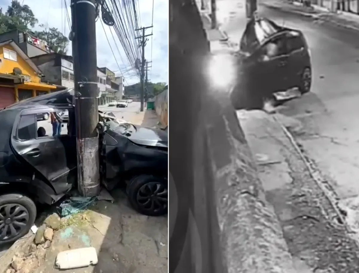 VÍDEO: carro fica destruído após bater em poste na Rua Teresa, em Petrópolis