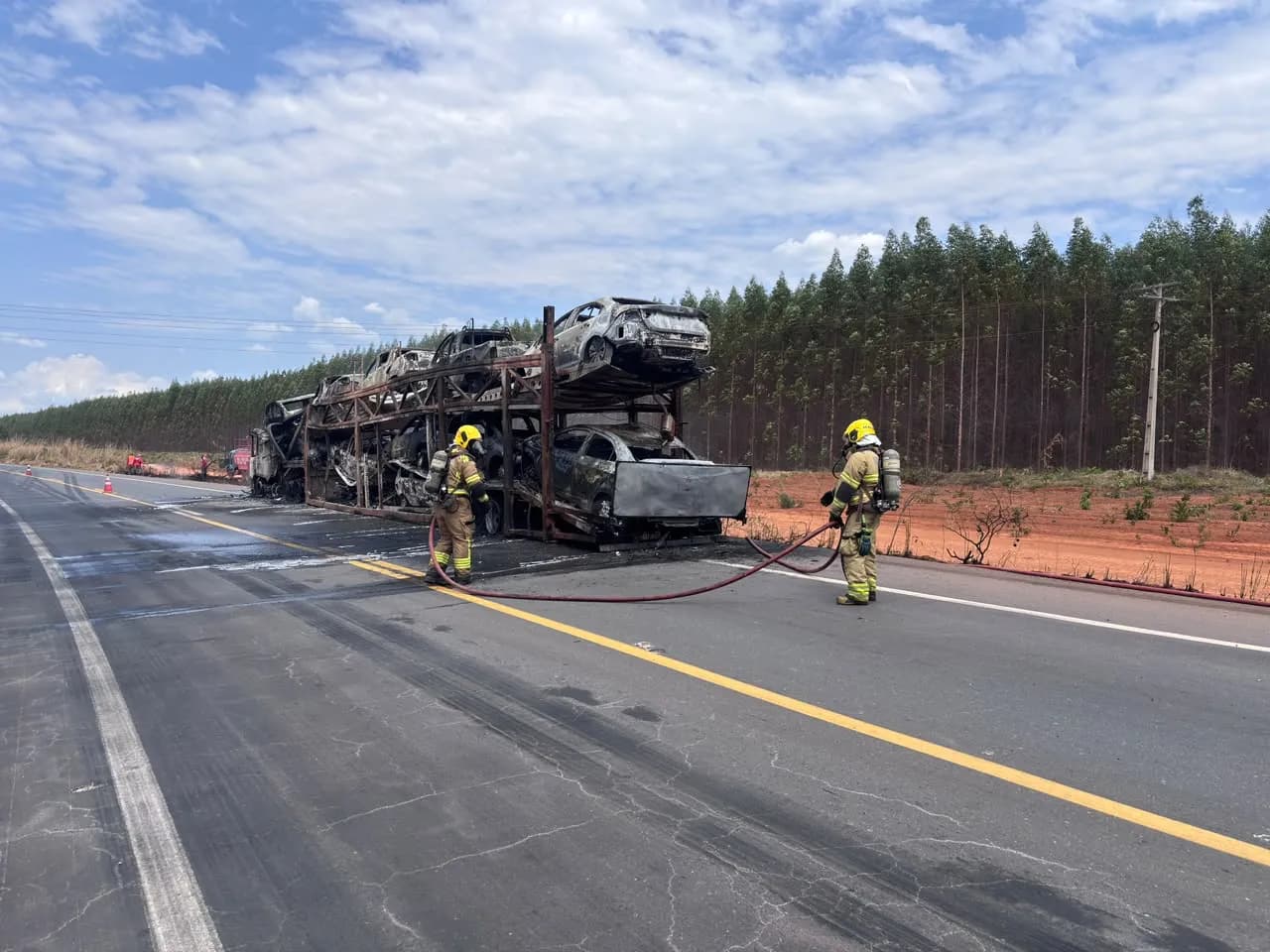 Cegonheira que transportava 28 veículos de SP para Salinas pega fogo na BR-251; FOTOS